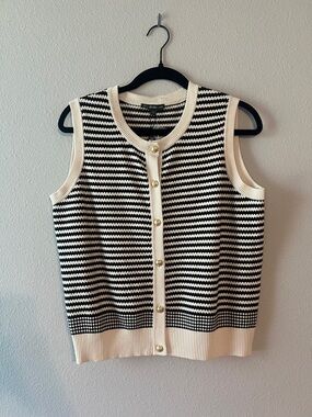Adrianna Papell Black and Cream Striped Knit Cardigan Vest with Gold Buttons